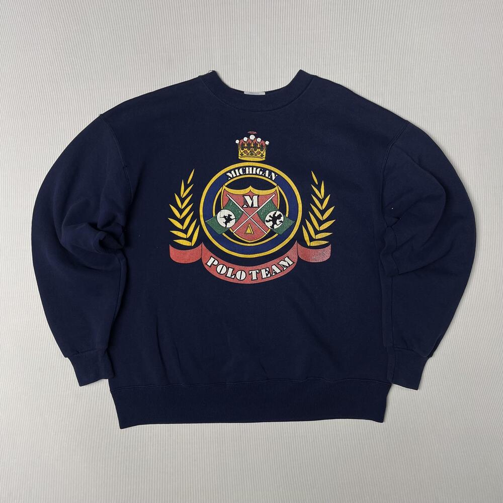 Vintage Hanes Sweatshirt Mens Large Blue Fleece Michigan Polo Team Graphic 90s